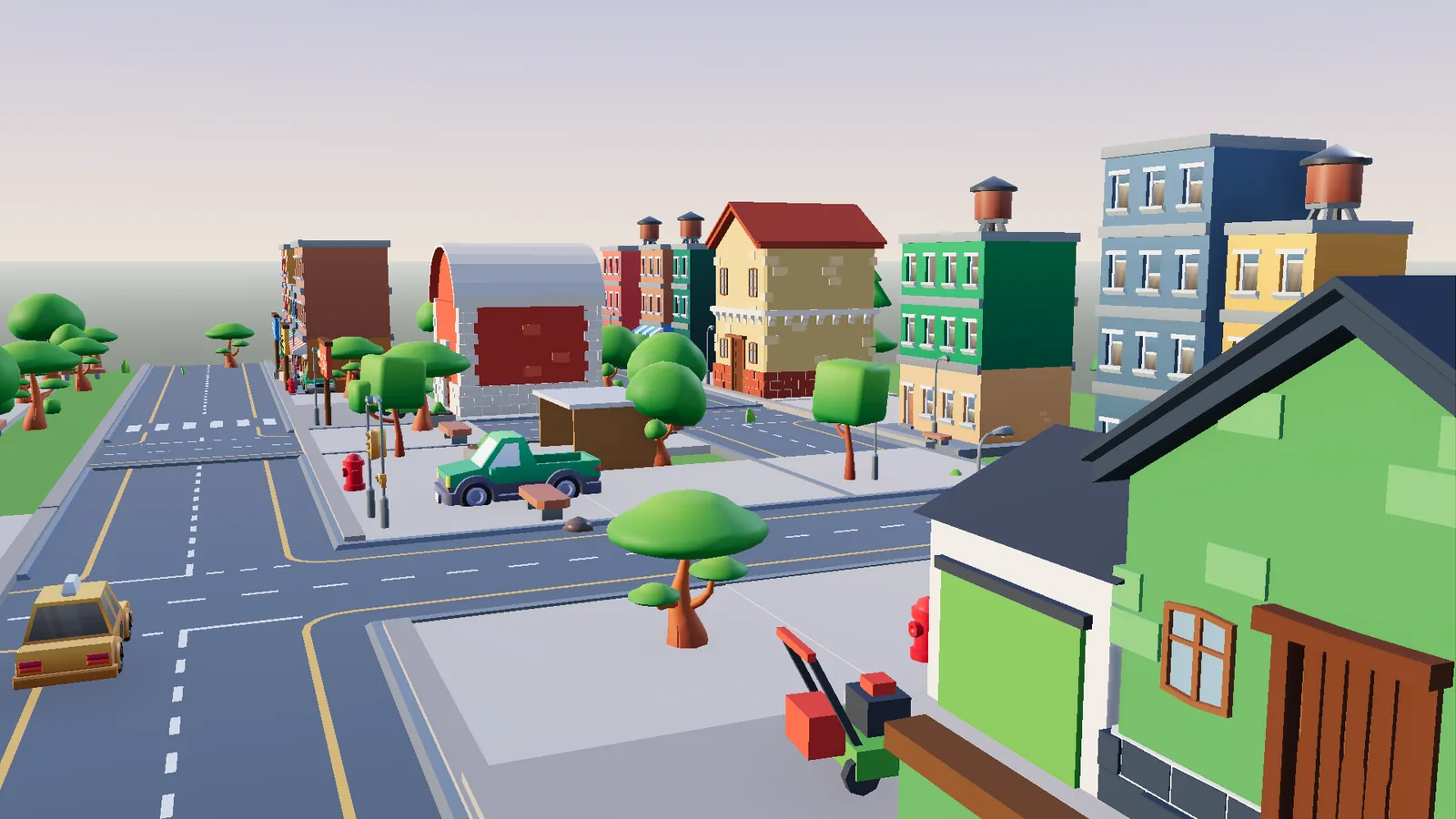A stylized business town with roads, vehicles, service buildings, and shops