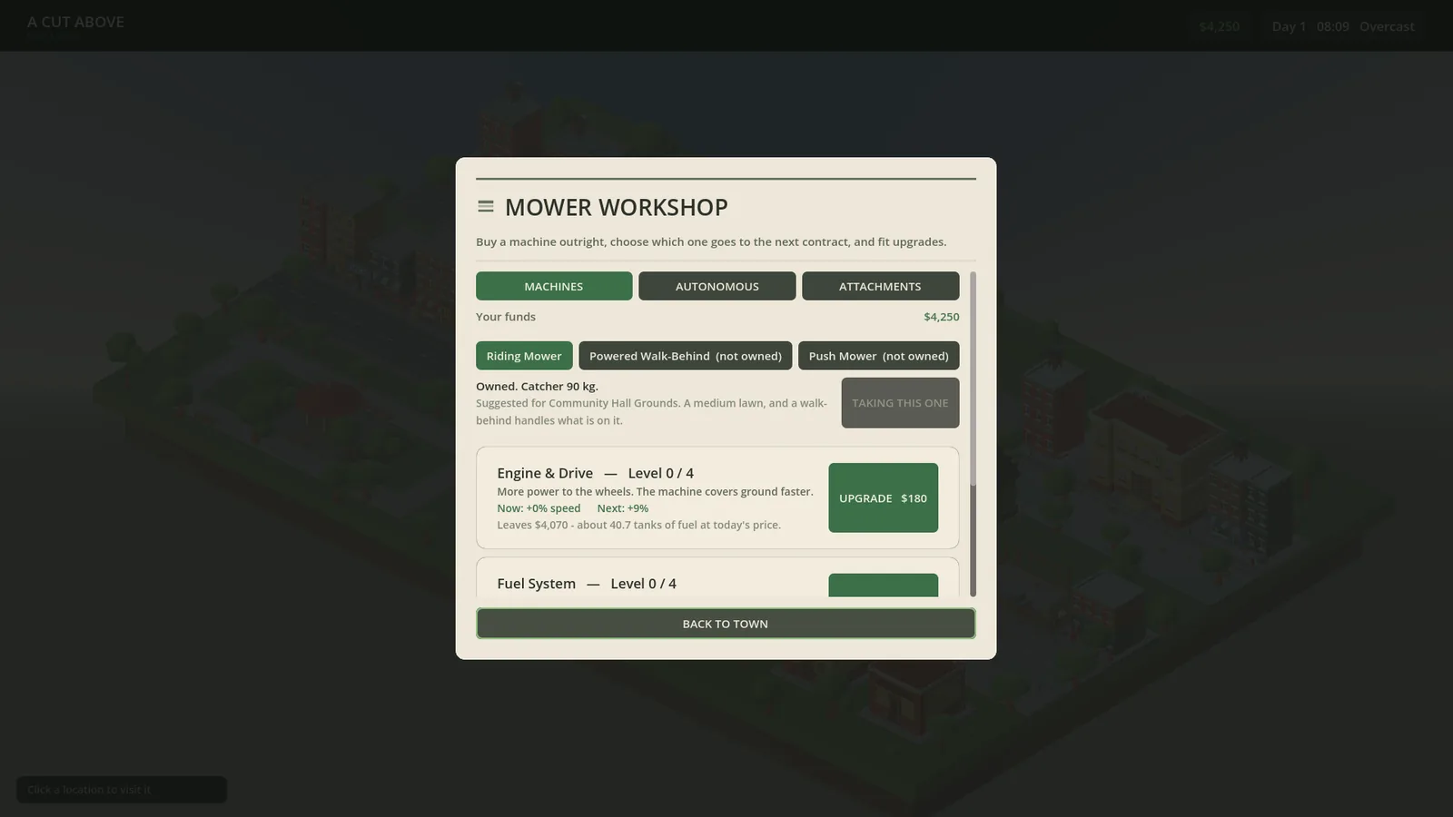 Mower workshop showing machines, autonomous equipment, attachments, and upgrade controls