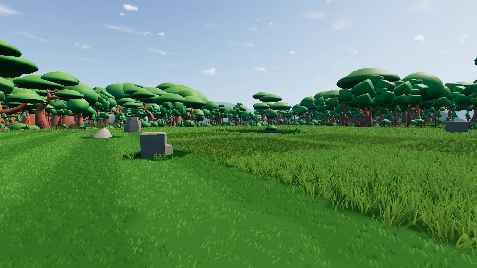 Cut and uncut grass across a generated property with rocks and wooded surrounds
