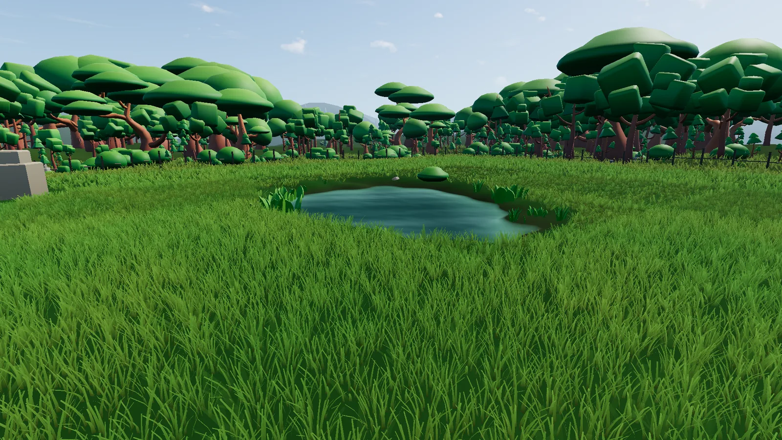 A generated pond surrounded by dense grass and a wooded property