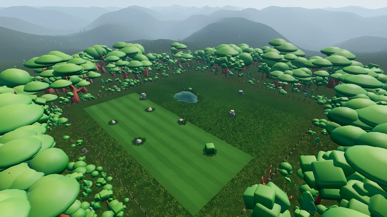 A generated wooded property with a pond, obstacles, and clearly visible cut and uncut lawn