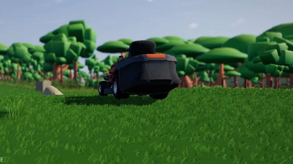 A riding mower moving through dense grass in the live menu scene