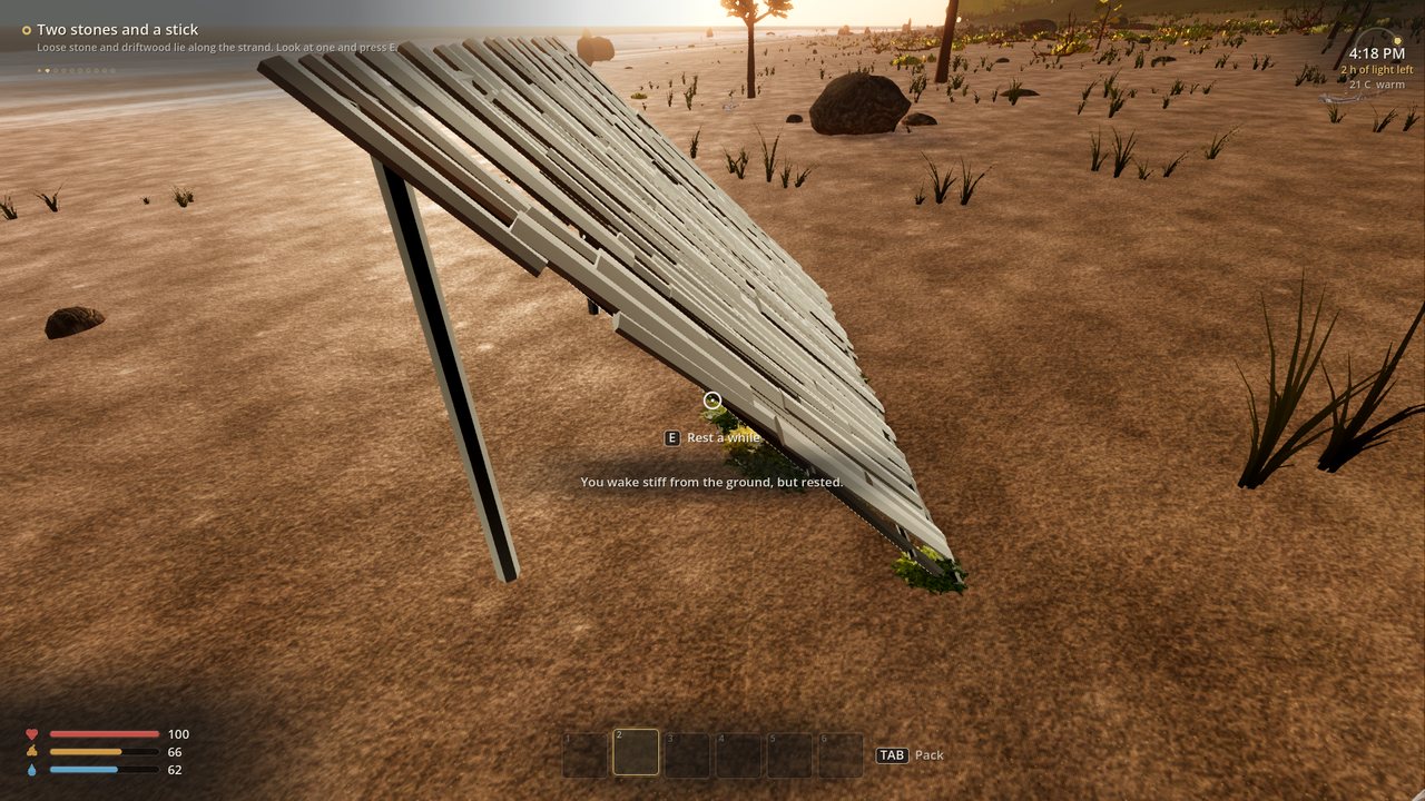 A lean-to shelter in the evening