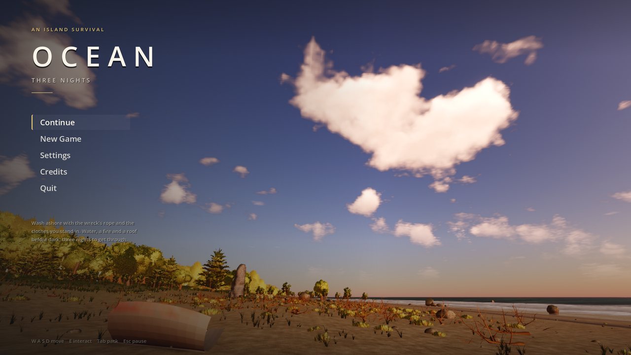 The main menu over a beach in the evening