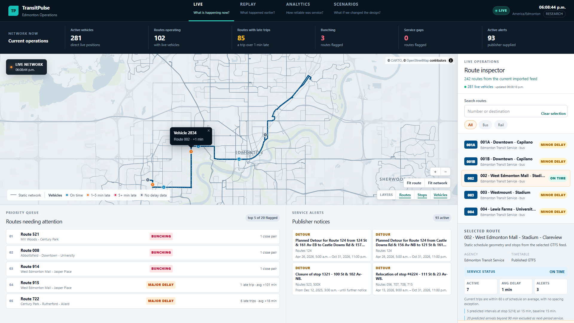 TransitPulse LIVE mode: a map of Edmonton with vehicles coloured by delay, a selected route, a queue of routes needing attention and publisher service alerts.